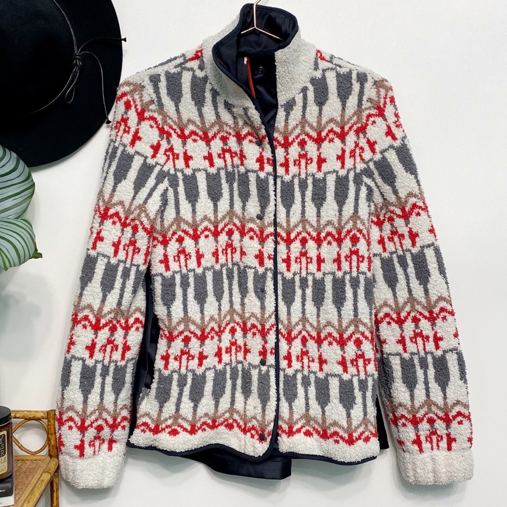 anthro | sleeping on snow nordic intarsia sherpa jacket ivory red xs htf